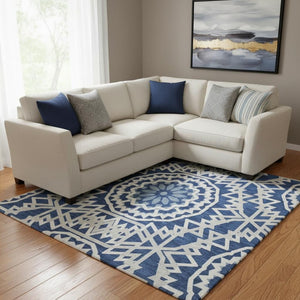 HomeRoots 10' X 14' Navy Blue & Ivory Geometric Area Rug - Washable, UV-Protected, Stain-Resistant Design! 652263