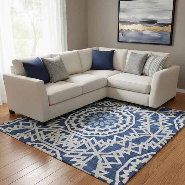HomeRoots 10' X 14' Navy Blue & Ivory Geometric Area Rug - Washable, UV-Protected, Stain-Resistant Design! 652263