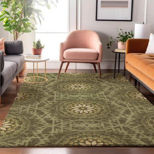 HomeRoots 5' X 8' Olive Green & Gold Geometric Washable Area Rug - Durable, Stylish, UV-Protected & Easy Care 652265