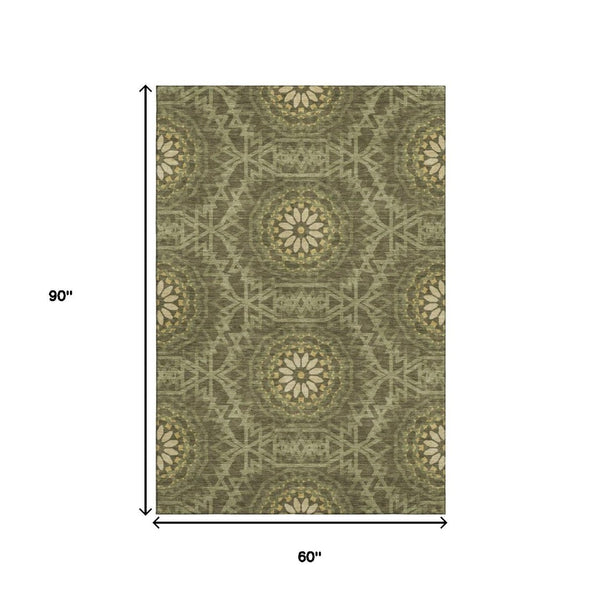 HomeRoots 5' X 8' Olive Green & Gold Geometric Washable Area Rug - Durable, Stylish, UV-Protected & Easy Care 652265