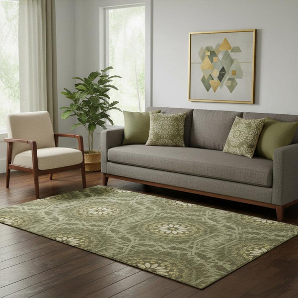 HomeRoots 5' X 8' Olive Green & Gold Geometric Washable Area Rug - Durable, Stylish, UV-Protected & Easy Care 652265
