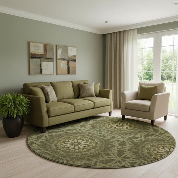 HomeRoots 8' Olive Green & Gold Geometric Round Rug – Washable, UV Protected, Perfect for Playrooms & Patios! 652266