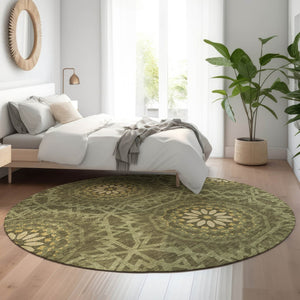 HomeRoots 8' Olive Green & Gold Geometric Round Rug – Washable, UV Protected, Perfect for Playrooms & Patios! 652266