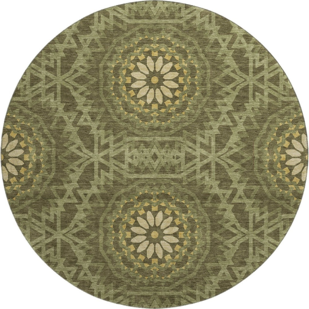 HomeRoots 8' Olive Green & Gold Geometric Round Rug – Washable, UV Protected, Perfect for Playrooms & Patios! 652266