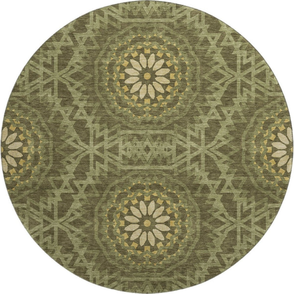 HomeRoots 8' Olive Green & Gold Geometric Round Rug – Washable, UV Protected, Perfect for Playrooms & Patios! 652266