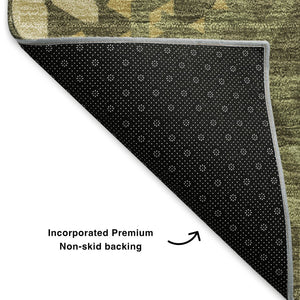 HomeRoots 8' Olive Green & Gold Geometric Round Rug – Washable, UV Protected, Perfect for Playrooms & Patios! 652266