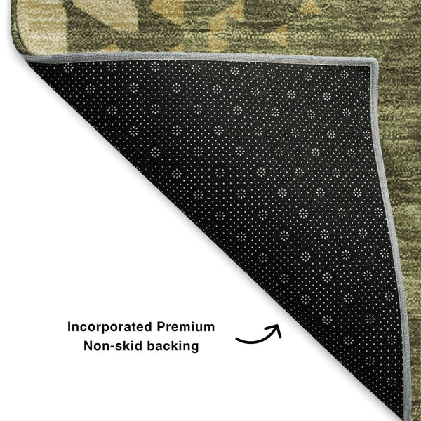 HomeRoots 8' Olive Green & Gold Geometric Round Rug – Washable, UV Protected, Perfect for Playrooms & Patios! 652266