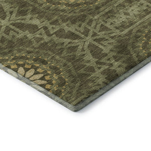 HomeRoots 8' Olive Green & Gold Geometric Round Rug – Washable, UV Protected, Perfect for Playrooms & Patios! 652266