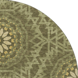 HomeRoots 8' Olive Green & Gold Geometric Round Rug – Washable, UV Protected, Perfect for Playrooms & Patios! 652266