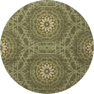 HomeRoots 8' Olive Green & Gold Geometric Round Rug – Washable, UV Protected, Perfect for Playrooms & Patios! 652266