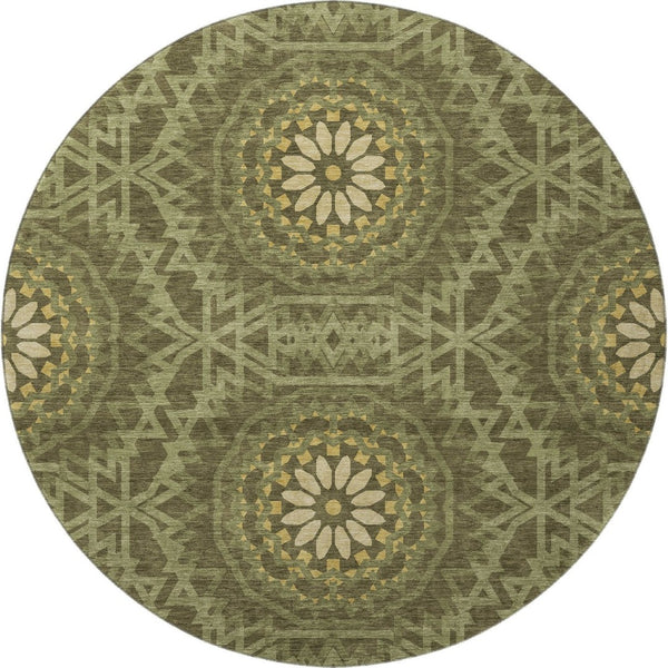 HomeRoots 8' Olive Green & Gold Geometric Round Rug – Washable, UV Protected, Perfect for Playrooms & Patios! 652266