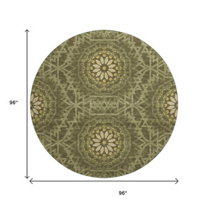 HomeRoots 8' Olive Green & Gold Geometric Round Rug – Washable, UV Protected, Perfect for Playrooms & Patios! 652266