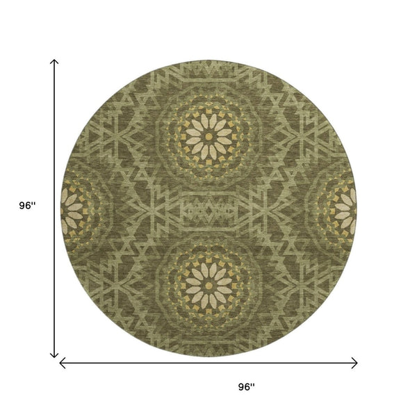 HomeRoots 8' Olive Green & Gold Geometric Round Rug – Washable, UV Protected, Perfect for Playrooms & Patios! 652266
