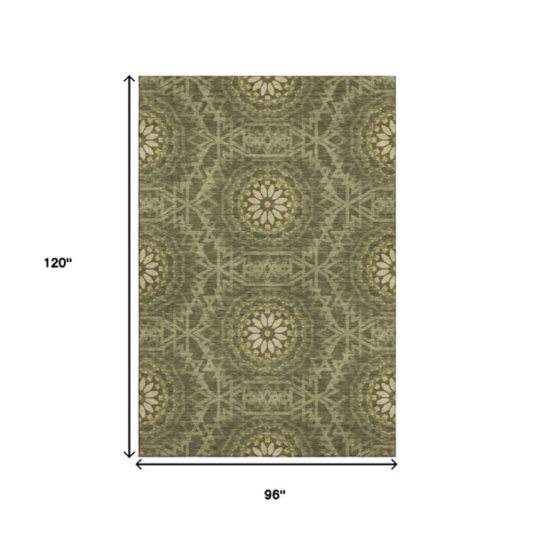 HomeRoots 8' X 10' Olive Green & Gold Geometric Washable Area Rug – UV Protected, Stain Resistant, Stylish & Durable! 652267