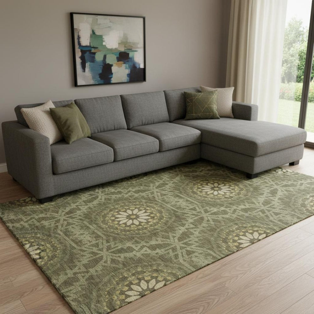 HomeRoots 9' X 12' Olive Green and Gold Geometric Area Rug – Stain-Resistant, UV Protected, Easy Care Design 652268