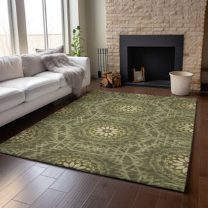 HomeRoots 9' X 12' Olive Green and Gold Geometric Area Rug – Stain-Resistant, UV Protected, Easy Care Design 652268