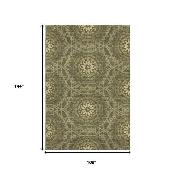 HomeRoots 9' X 12' Olive Green and Gold Geometric Area Rug – Stain-Resistant, UV Protected, Easy Care Design 652268