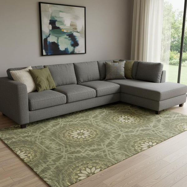 HomeRoots 10' X 14' Olive Green & Gold Geometric Area Rug - Washable, UV Protected, Durable & Stylish Design 652269