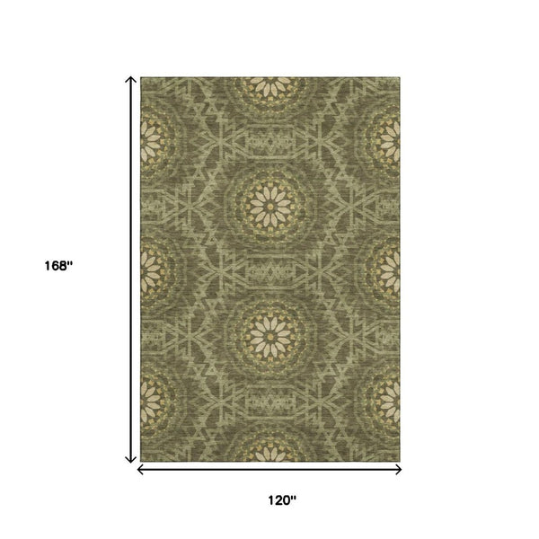 HomeRoots 10' X 14' Olive Green & Gold Geometric Area Rug - Washable, UV Protected, Durable & Stylish Design 652269