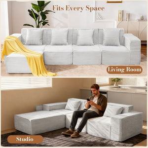 English Elm L-shaped Modular Sectional with Ottoman Corduroy Upholstery Four Seat Living Room Sofa Light Gray W2699S00093