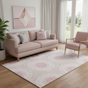 HomeRoots 5' X 8' Pink And Ivory Geometric Washable Area Rug – Stylish, Durable, UV-Protected for Any Room 652271