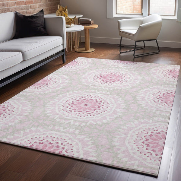 HomeRoots 5' X 8' Pink And Ivory Geometric Washable Area Rug – Stylish, Durable, UV-Protected for Any Room 652271