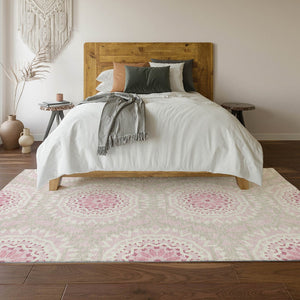 HomeRoots 5' X 8' Pink And Ivory Geometric Washable Area Rug – Stylish, Durable, UV-Protected for Any Room 652271