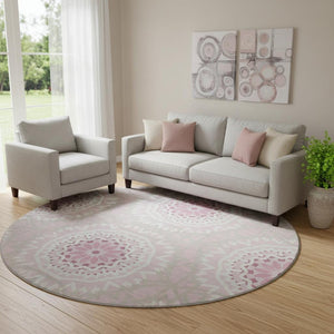 HomeRoots 8' Pink and Ivory Geometric Round Rug - Washable, UV Protected, Durable, Ideal for Busy Homes! 652272