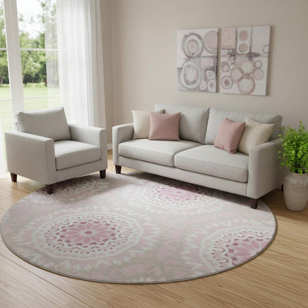 HomeRoots 8' Pink and Ivory Geometric Round Rug - Washable, UV Protected, Durable, Ideal for Busy Homes! 652272