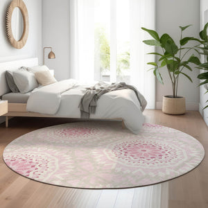 HomeRoots 8' Pink and Ivory Geometric Round Rug - Washable, UV Protected, Durable, Ideal for Busy Homes! 652272