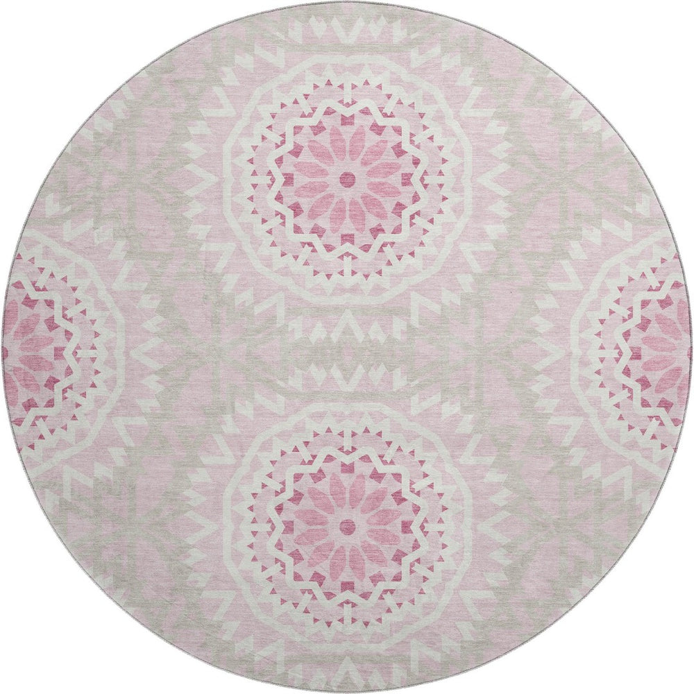 HomeRoots 8' Pink and Ivory Geometric Round Rug - Washable, UV Protected, Durable, Ideal for Busy Homes! 652272