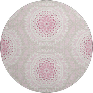 HomeRoots 8' Pink and Ivory Geometric Round Rug - Washable, UV Protected, Durable, Ideal for Busy Homes! 652272