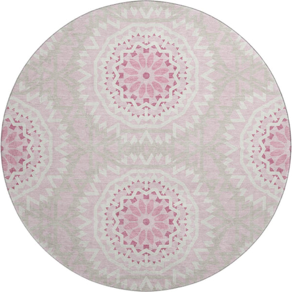 HomeRoots 8' Pink and Ivory Geometric Round Rug - Washable, UV Protected, Durable, Ideal for Busy Homes! 652272