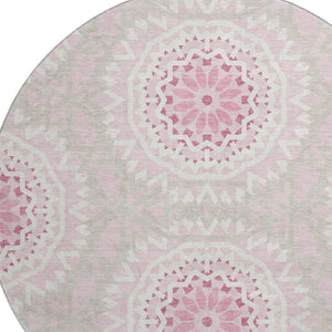 HomeRoots 8' Pink and Ivory Geometric Round Rug - Washable, UV Protected, Durable, Ideal for Busy Homes! 652272