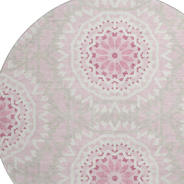 HomeRoots 8' Pink and Ivory Geometric Round Rug - Washable, UV Protected, Durable, Ideal for Busy Homes! 652272