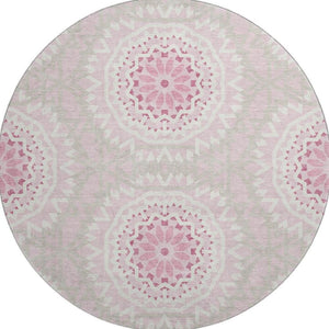 HomeRoots 8' Pink and Ivory Geometric Round Rug - Washable, UV Protected, Durable, Ideal for Busy Homes! 652272