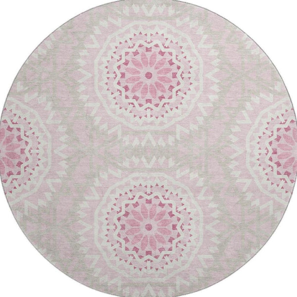 HomeRoots 8' Pink and Ivory Geometric Round Rug - Washable, UV Protected, Durable, Ideal for Busy Homes! 652272