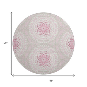 HomeRoots 8' Pink and Ivory Geometric Round Rug - Washable, UV Protected, Durable, Ideal for Busy Homes! 652272