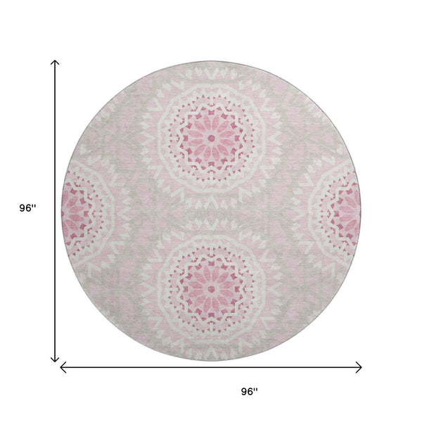 HomeRoots 8' Pink and Ivory Geometric Round Rug - Washable, UV Protected, Durable, Ideal for Busy Homes! 652272