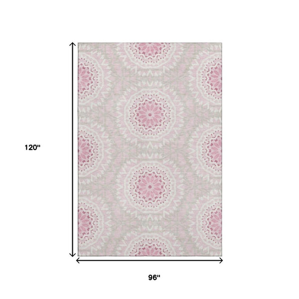 HomeRoots 8' X 10' Pink and Ivory Geometric Washable Area Rug - Stylish, Durable, UV-Protected for Family Spaces 652273