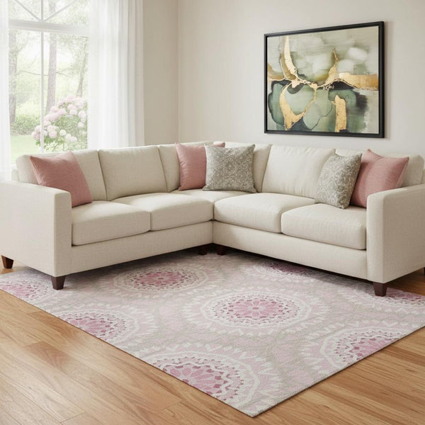 HomeRoots 8' X 10' Pink and Ivory Geometric Washable Area Rug - Stylish, Durable, UV-Protected for Family Spaces 652273