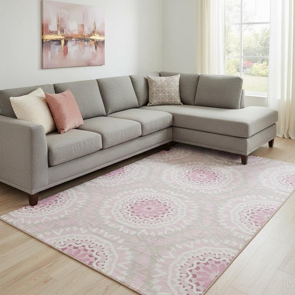 HomeRoots 9' X 12' Pink Geometric Area Rug - Washable, UV Protected & Stain Resistant for Modern Living Spaces 652274