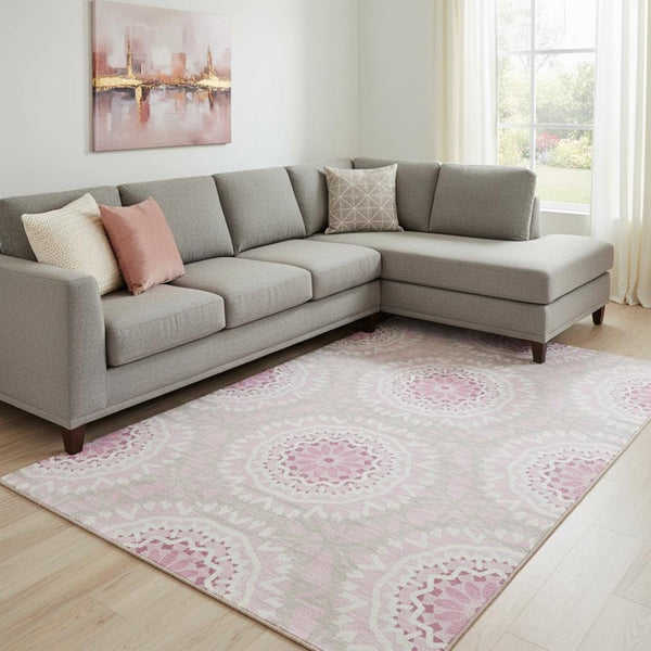 HomeRoots 9' X 12' Pink Geometric Area Rug - Washable, UV Protected & Stain Resistant for Modern Living Spaces 652274