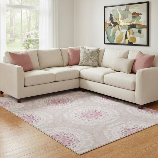 HomeRoots 10' X 14' Pink And Ivory Geometric Area Rug - Stylish, Washable, UV Protected & Perfect for Families 652275