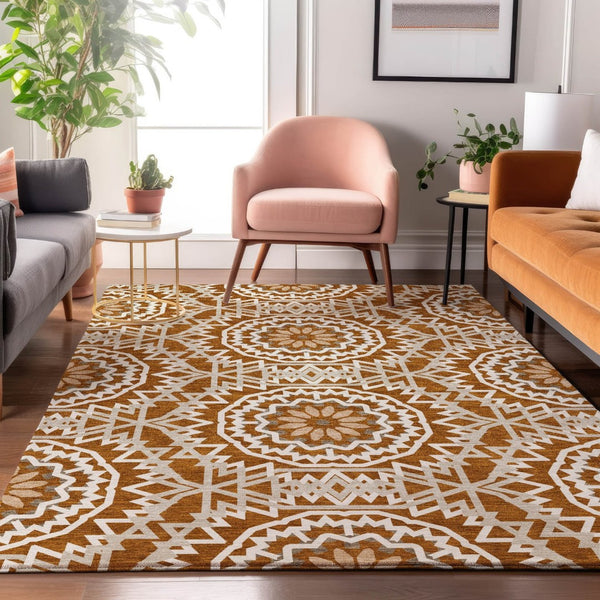 HomeRoots 5' X 8' Chili Red and Ivory Geometric Area Rug - Washable, UV Protected, Stain Resistant for Modern Spaces 652277