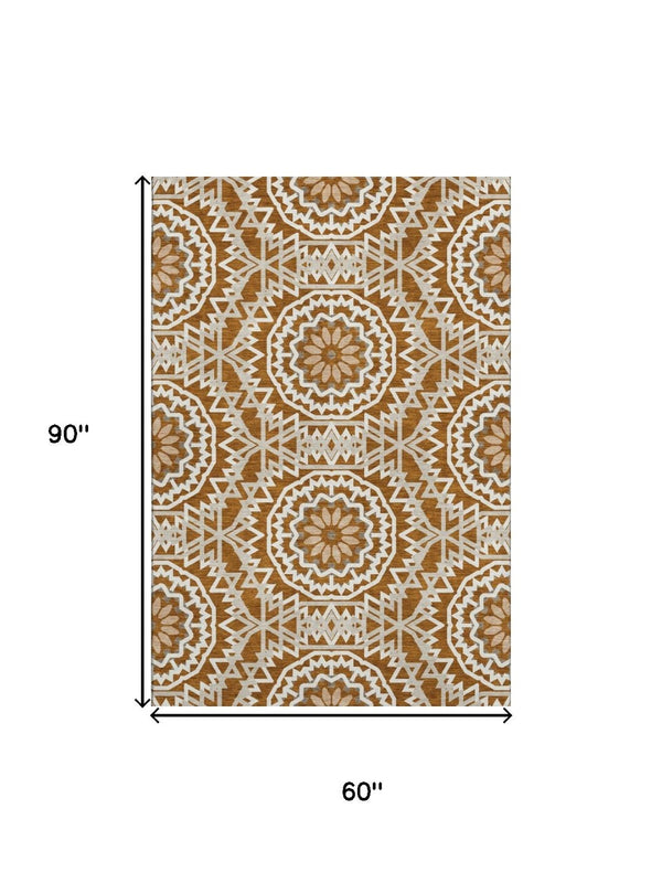 HomeRoots 5' X 8' Chili Red and Ivory Geometric Area Rug - Washable, UV Protected, Stain Resistant for Modern Spaces 652277