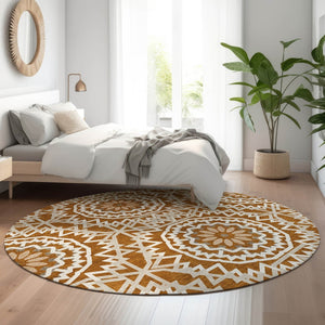 HomeRoots 8' Chili Red Geometric Round Rug - Washable, UV Protected, Stain Resistant for Modern Living Spaces 652278