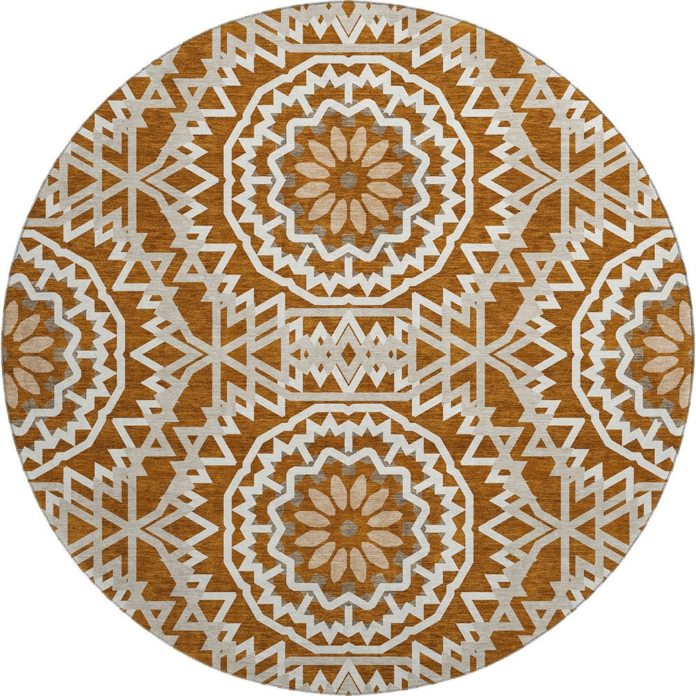 HomeRoots 8' Chili Red Geometric Round Rug - Washable, UV Protected, Stain Resistant for Modern Living Spaces 652278