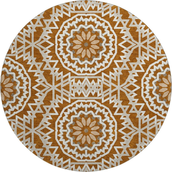 HomeRoots 8' Chili Red Geometric Round Rug - Washable, UV Protected, Stain Resistant for Modern Living Spaces 652278