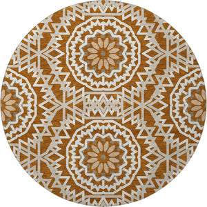HomeRoots 8' Chili Red Geometric Round Rug - Washable, UV Protected, Stain Resistant for Modern Living Spaces 652278